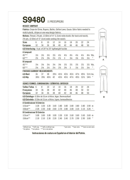 Pattern, SIMPLICITY 9480 Misses' Jumpsuit