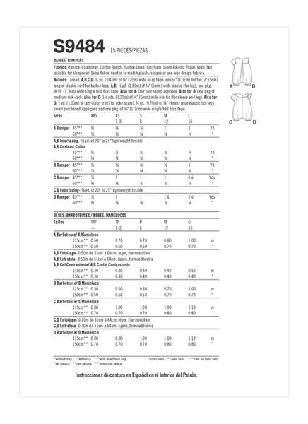 Pattern, SIMPLICITY 9484 Babies' Rompers