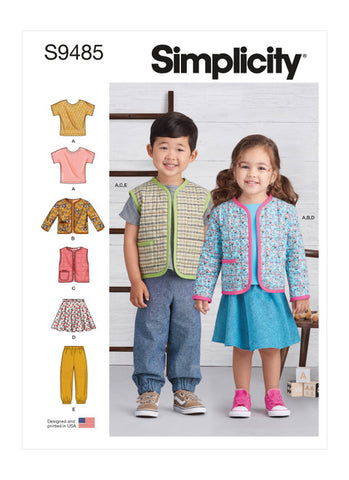 Pattern, SIMPLICITY 9485  Toddlers' Knit Top, Jacket, Vest, Skirt and Pants