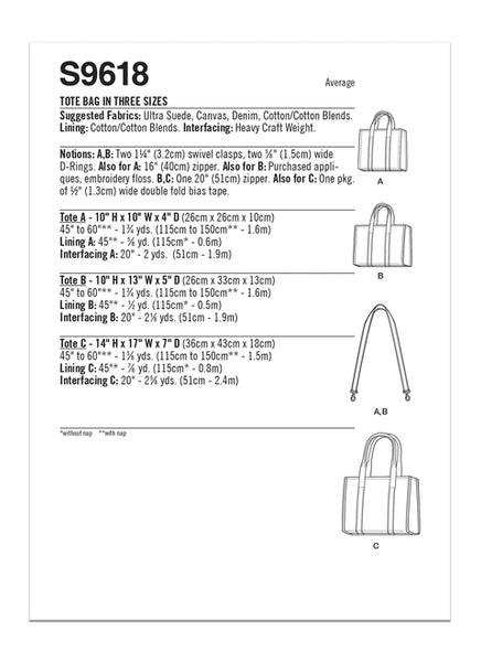 Pattern, SIMPLICITY 9618 Tote Bag in Three Sizes