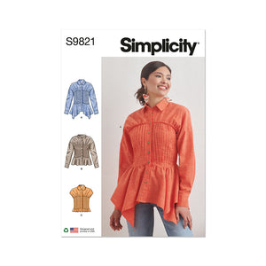 Pattern, SIMPLICITY 9821 Misses Blouse with Collar, Sleeve and Hemline Variations