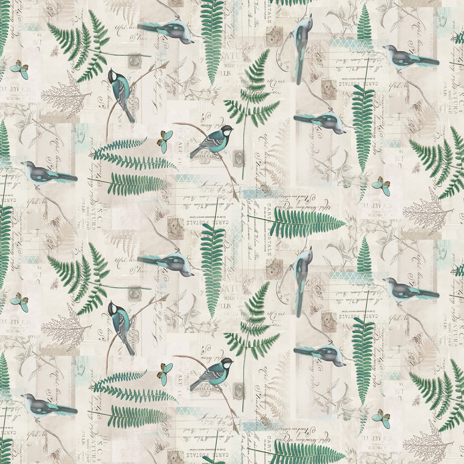 Fabric, Light Khaki EN Bleu Digital Bird Collage