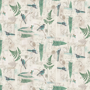 Fabric, Light Khaki EN Bleu Digital Bird Collage