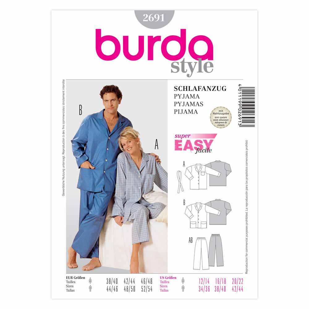 Pattern, Burda, 2691, Unisex Pyjamas