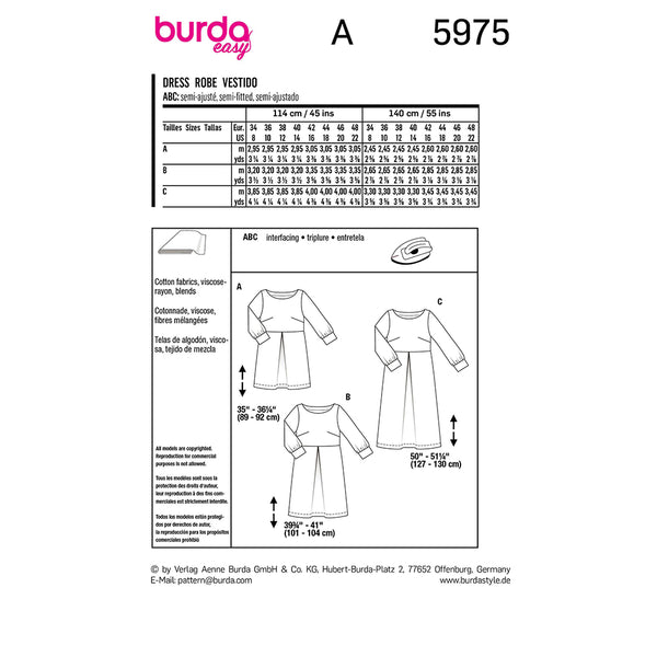 Pattern, Burda, 5975, Dress with Scooped Neckline and Sleeve Bands