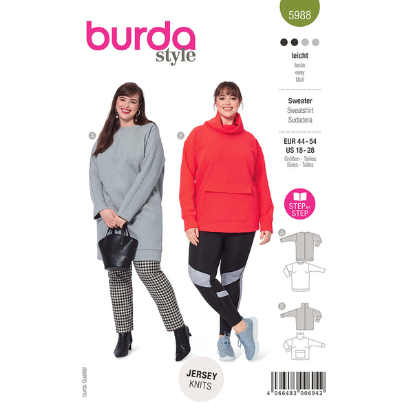Pattern, Burda, 5988, Sweatshirts with a Neckline Band or Roll Neck Collar