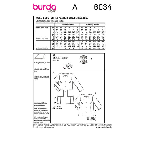 Pattern, Burda, 6034, Coat/Jacket