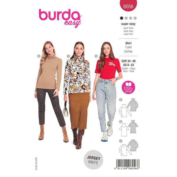 Pattern, Burda, 6056, Turtleneck Top with Half or Full Length Sleeves