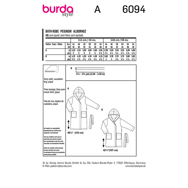 Pattern, Burda, 6094 Bathrobe with Hood