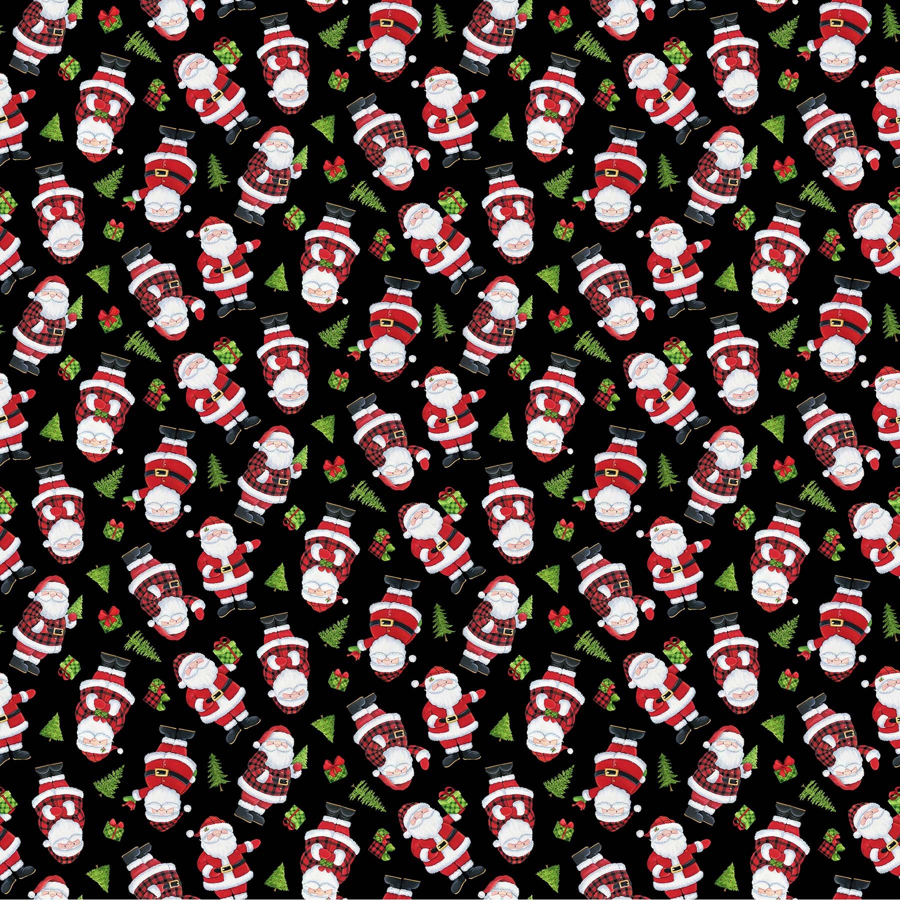 Fabric, Santa's Tree Farm, Black Multi Tossed Santa 24733-99