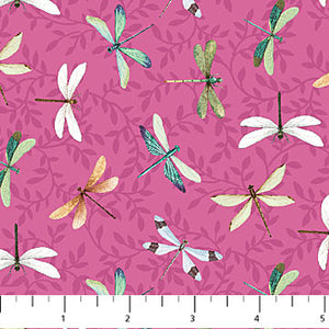 Fabric, Water Lillies Dark Pink Dragon Fly Toss 25060-28