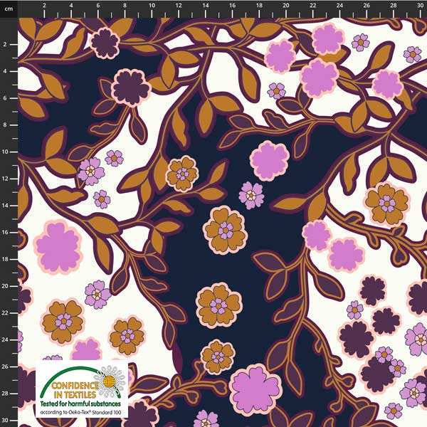 Fabric, Knit, Avalana Jersey Floral Purple/Mustard/White 419-858