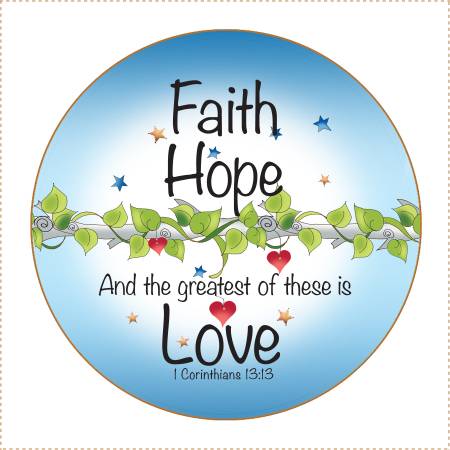 Fabric Panel, 5in Round, Faith Hope Love