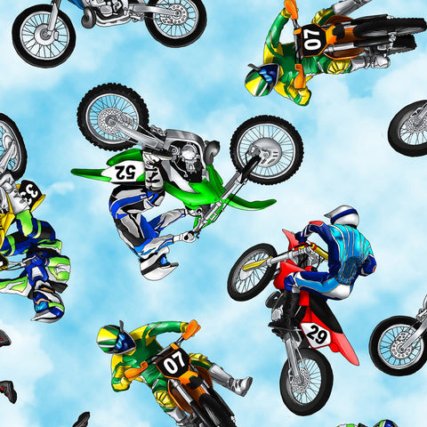 Fabric, Multi Motor Bike Dirt Bikes Blue Background C8993-MLT