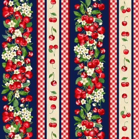 Fabric, Navy Cherry Pie Border Print, 11" stripe CD1548-NAVY
