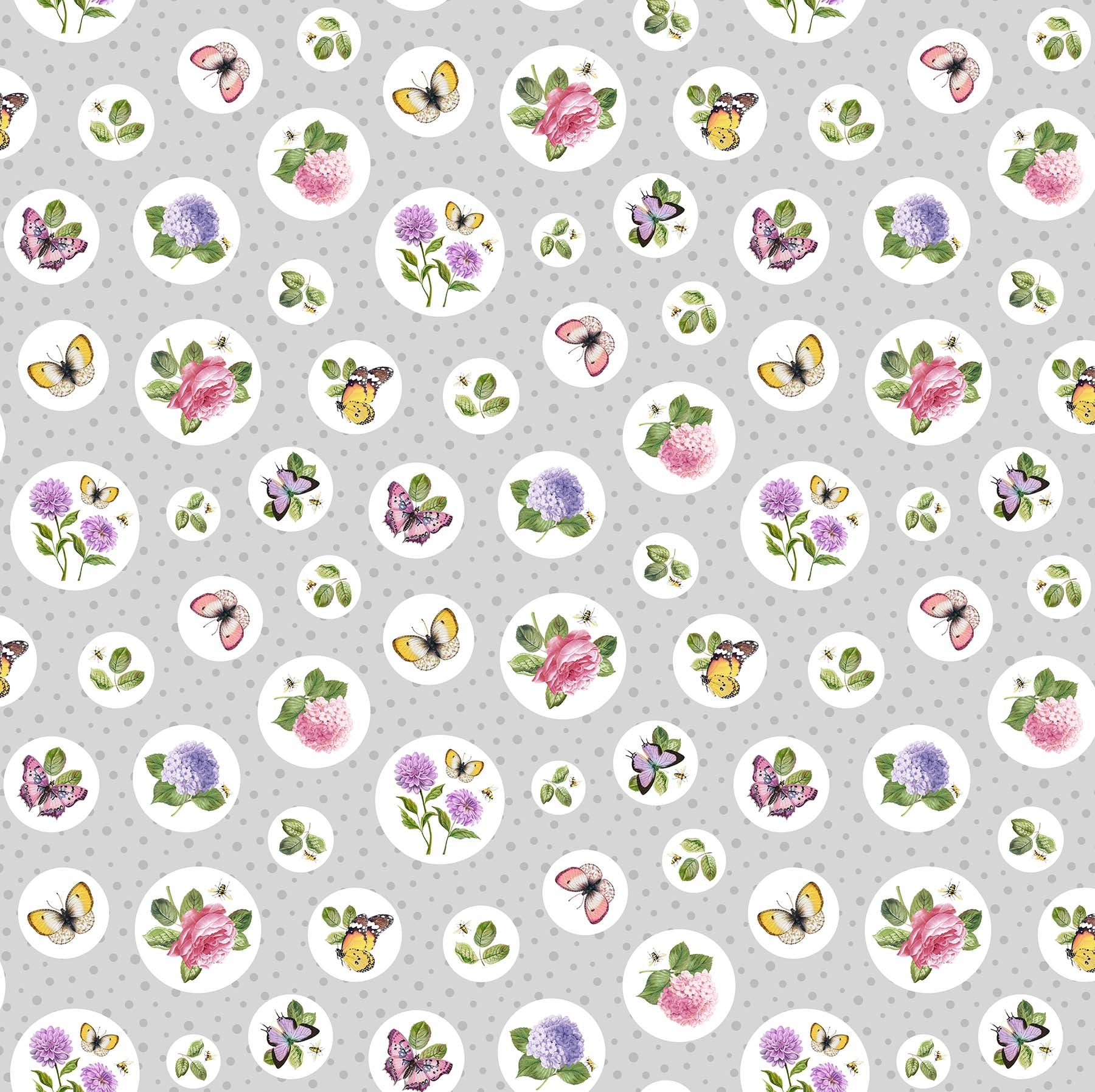 Fabric, Scented Garden, Light Gray Floral Polka DP23971 92