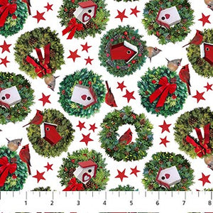 Fabric, Christmas, Golden Christmas: White Multi Birdhouses  DP25294-10
