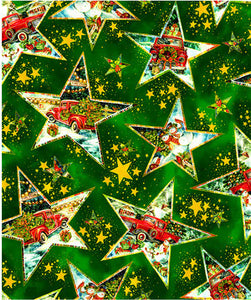Fabric, Noel, Christmas Green Scenic Stars, 4302