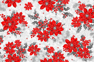 Fabric, Christmas Red Poinsettia cream/grey Background 4371-Noal 2021