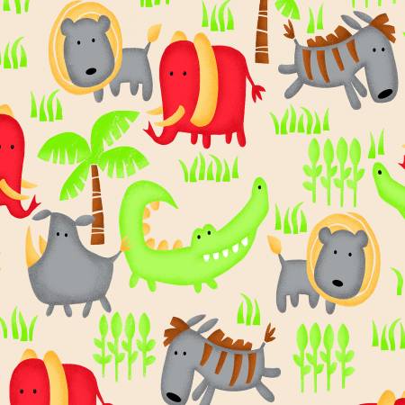 Fabric, Flannel, Natural Jungle Animals 0987AE 44